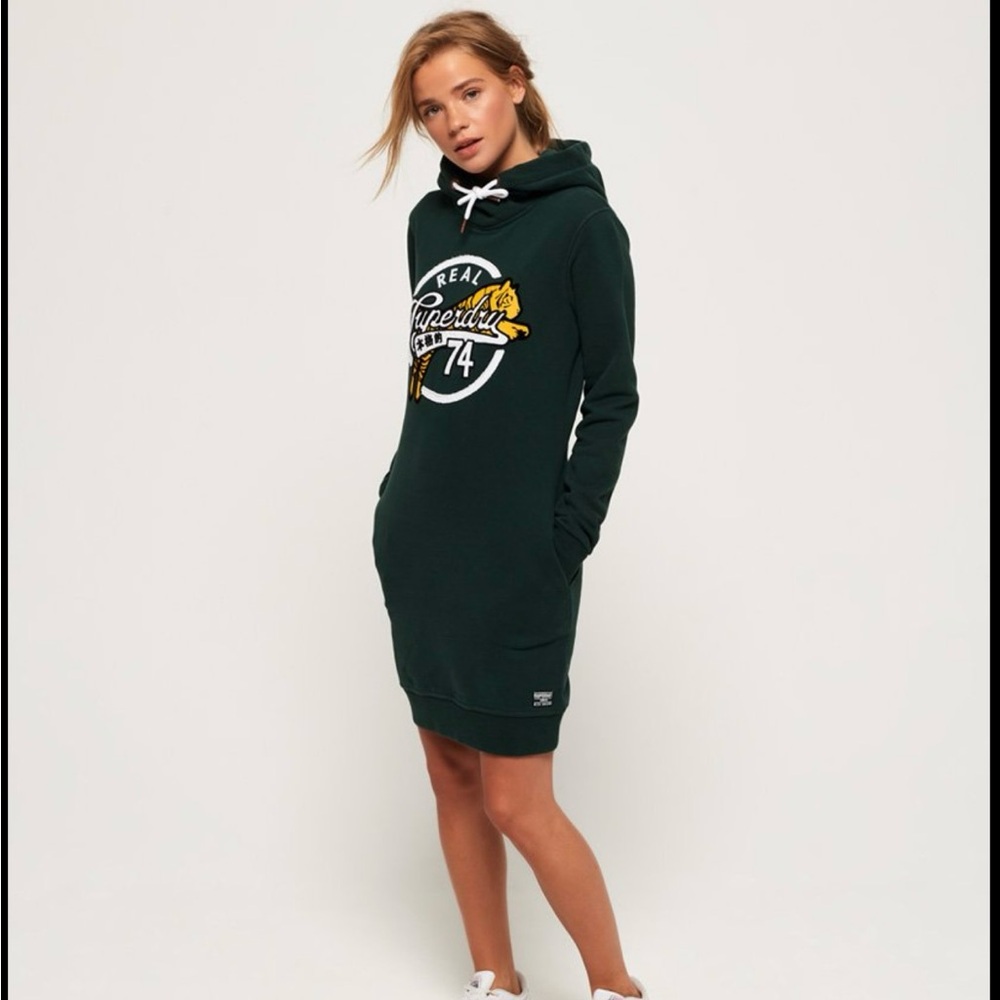 SUPERDRY Harper Hooded Sweat Dress Applique Logo Street Wear